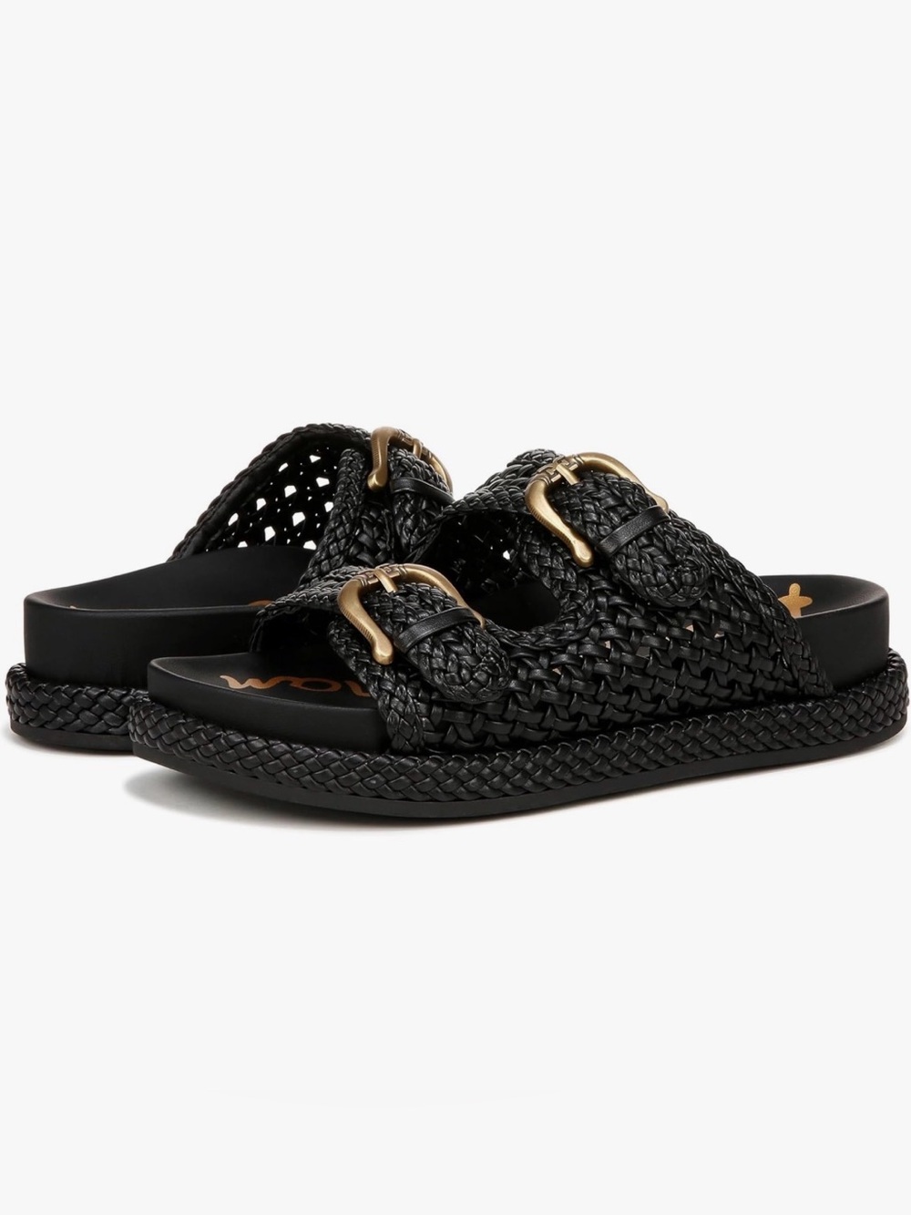 Sam Edelman Black Woven Slide Sandals with Gold Buckles